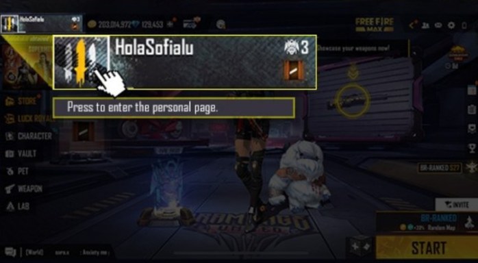 Tocar el perfil en la esquina superior izquierda del lobby de Free Fire