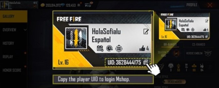 Copiar el UID desde el banner de perfil de Free Fire